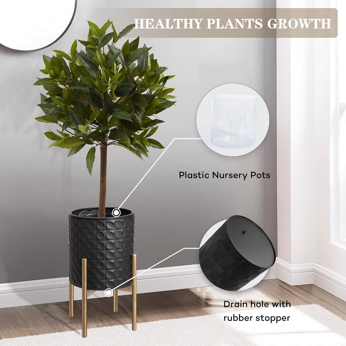 Oakrain Planters for Indoor Plants, Set of 2 Decorative Metal Planter Pots, Mid Century Modern Planter with Stand for Living Room, Office, Garden or Balcony, Black, 8"&10"