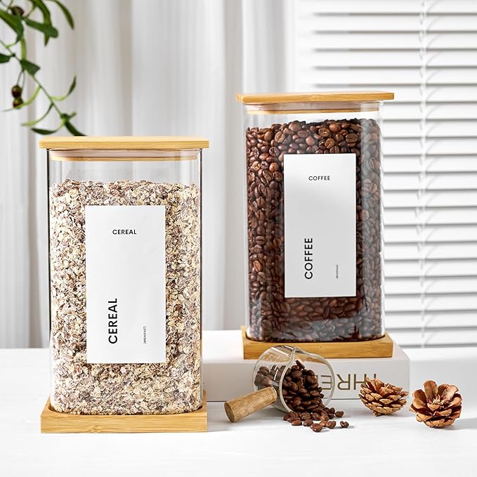Glass Storage Jars with Bamboo Lids, 100oz Square Food Storage Containers for Kitchen Pantry Organization, Storage Canisters with Labels for Cereal Flour Beans Tea, Large Spice jars Seasoning Bottles