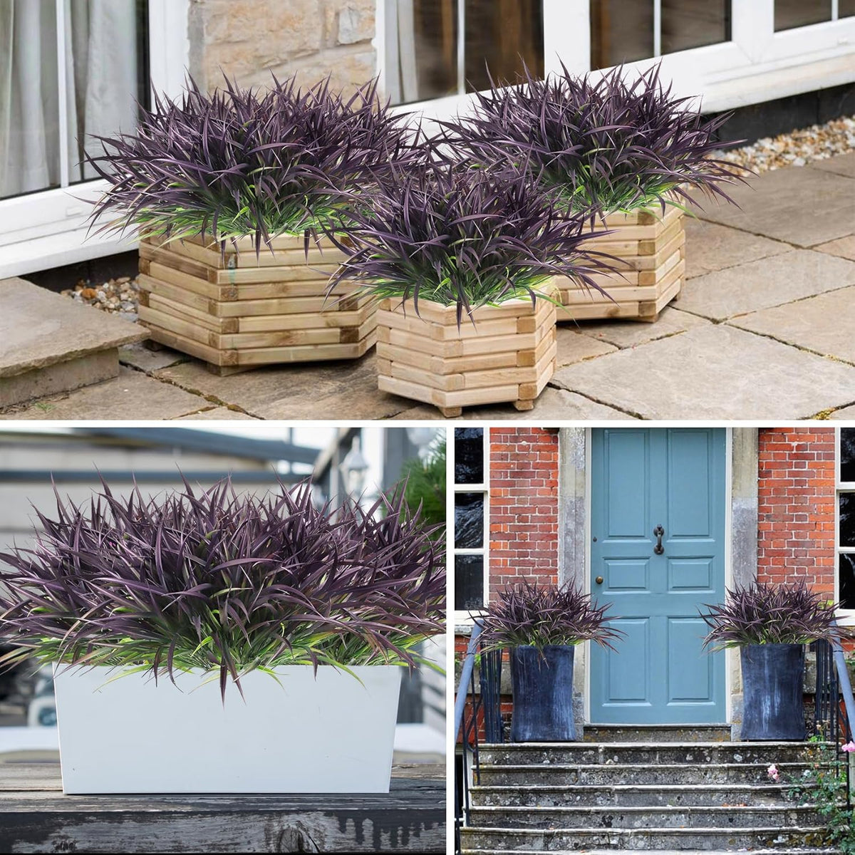 Ouddy Decor 16 Bundles Artificial Plants Outdoor Fake Grass Greenery Stems UV Resistant Faux Plastic Shrubs for Autumn Garden Pathway Front Porch Home Harvest Thanksgiving Halloween Decor, Purple