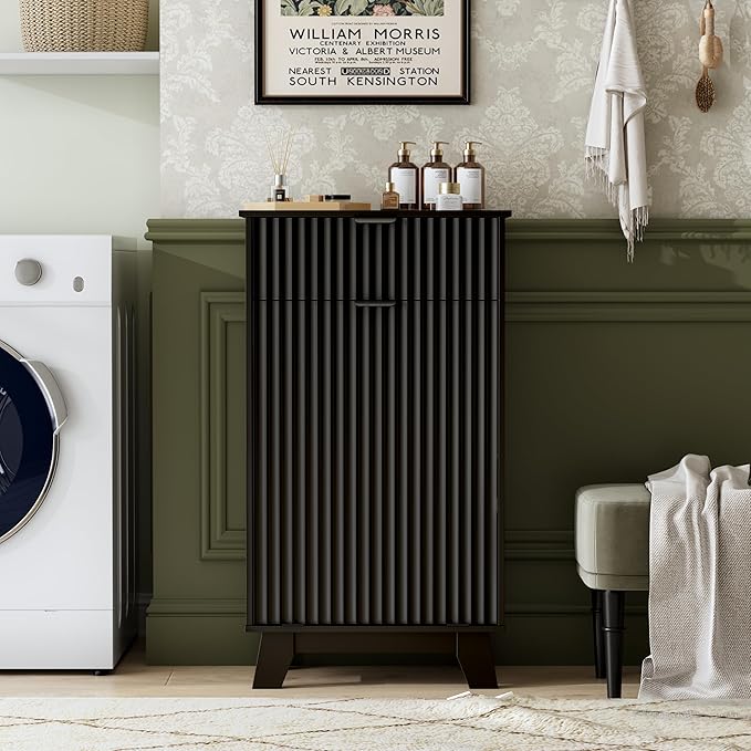 Modern Tilt Out Laundry Hamper Cabinet, 10 Gallon Wooden Trash Can Cabinet with Storage Drawer, Hidden Fluted Bathroom Storage Cabinet for Kitchen, Living Room (Black, 20.47"W x 35.83"H x 13"D)