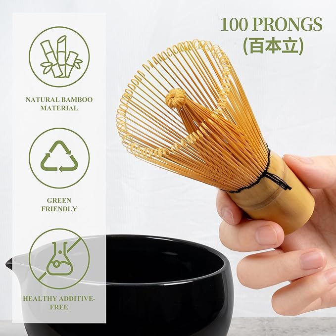 YIBO Matcha Whisk Set Black - Match Bowl with Spout and Whisk, Scoop, Sifter, Chasen Holder Measuring Spoon & Cup Kit for Matcha Tea Ceremony Tools
