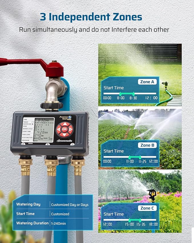 DEWENWILS Sprinkler Timer 3 Zone, Water Timer with 4 Programmable Procedures, Hose Faucet Watering with Automatic/Rain Delay/Manual Mode, Outdoor Irrigation Controller for Lawn, Garden