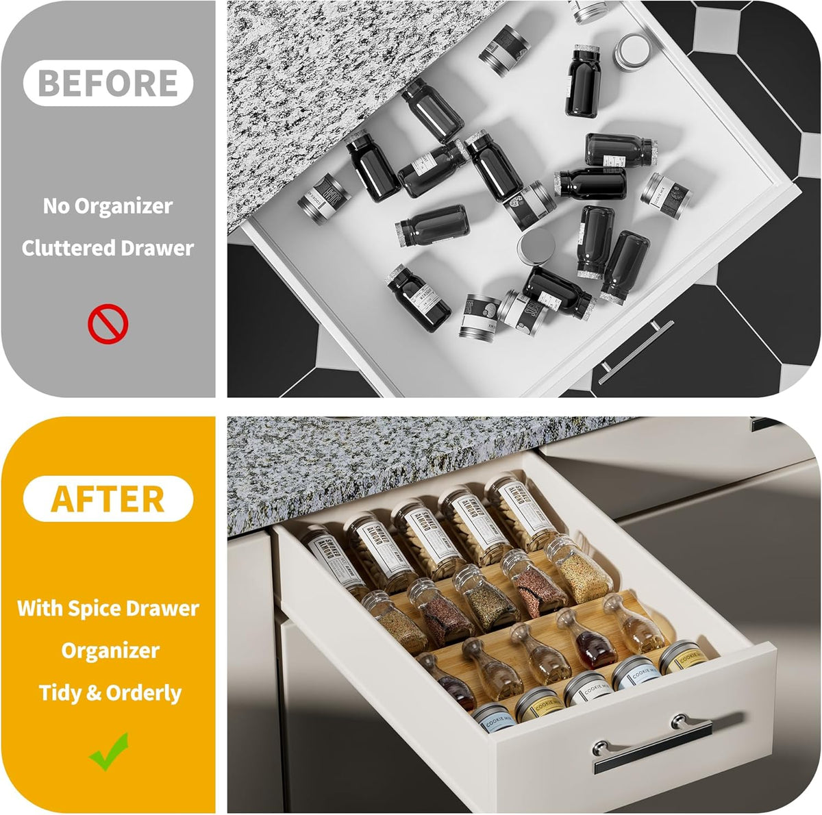 Bamboo Spice Drawer Organizer - 4 Pack 13"x4.7"x1.6" Spice Rack Tray - Spice Jars Drawers Insert - Seasoning Organizer for Drawers/Countertop (Jars not included)…