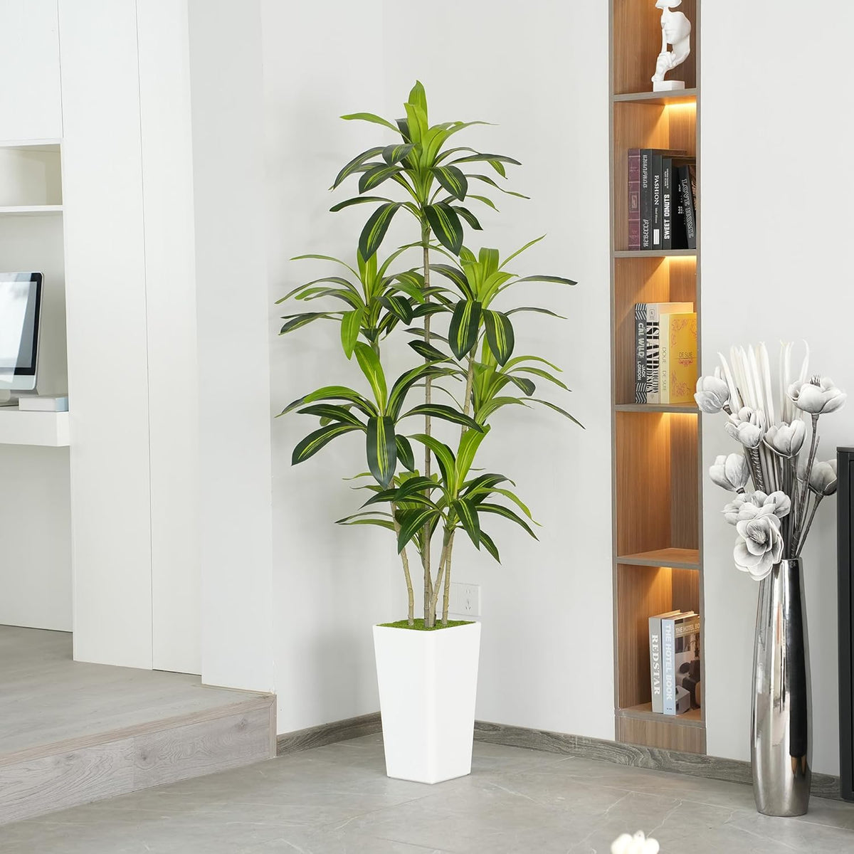 Artificial Dracaena Tree 6ft Tall - Green Silk Realistic Fake Plants for Office Home Living Room Bedroom Decor Indoor Outdoor with Pot Large House Faux Floor Plants