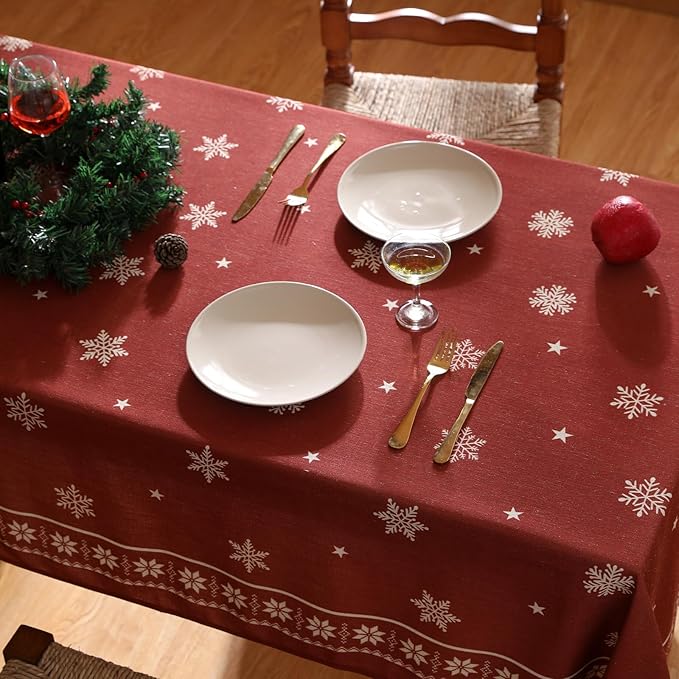 ISAENNE Designer Christmas Red Small Square Tablecloth,Linen Table Cloth with Snowflakes Pattern,Wrinkle Resistant Decor Tablecloths for Dining Kitchen Thanksgiving Christmas,55"*55"-Carol C