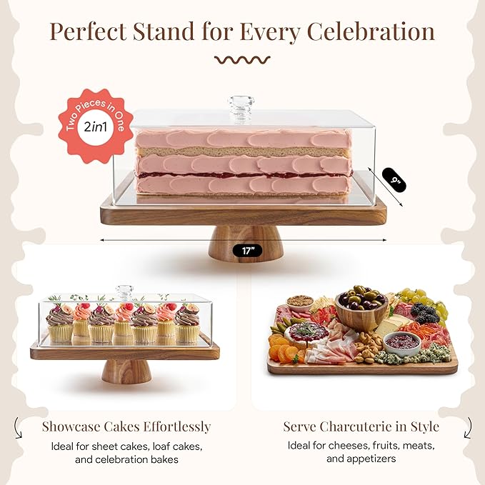 HOMESPHERE Acacia Wood Cake Stand with Lid - Rectangular Cake Holder, 2-in-1 Dessert Table Display Set & Charcuterie Board for Cheese, Chips, Fruit Platter, Large Acrylic Cake Dome Cover, No Glass