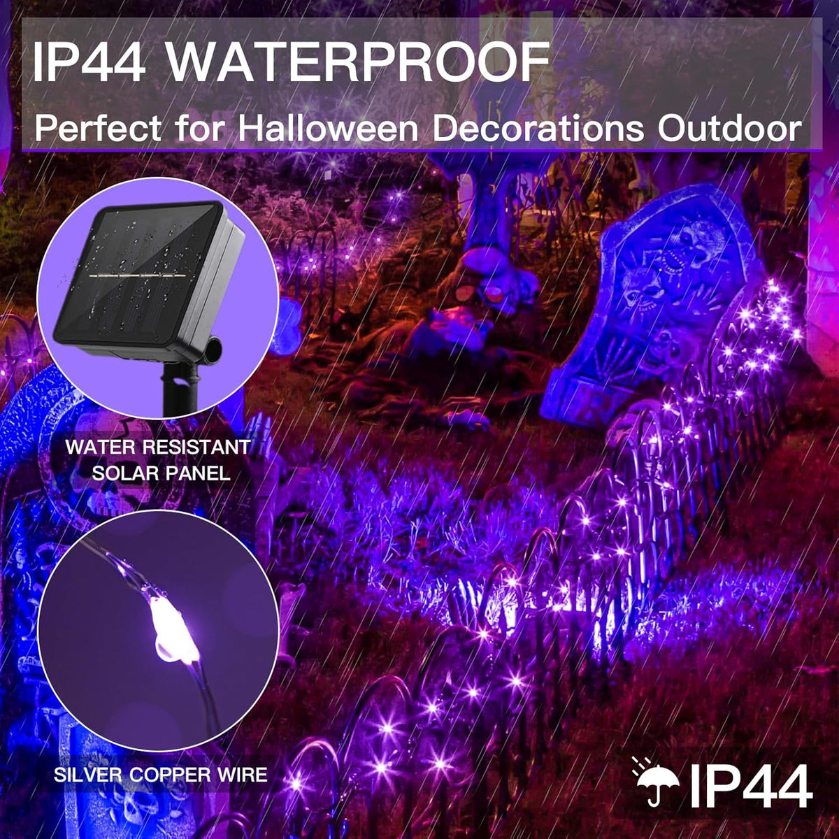 suddus Halloween String Lights Solar Powered, 2 Pack Total 66ft 200 LED Purple Solar Light Outdoor Waterproof, 8 Modes Purple Halloween Lights for Porch Tree Garden Patio Yard Party Decorations