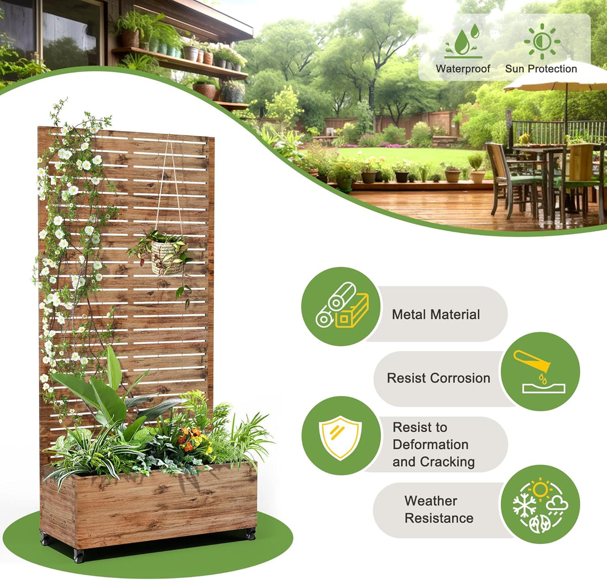 FENCY Metal Raised Garden Bed with Wheels and Trellis,73"x35"x16" Planter Box for Climbing Plants, Vegetables & Vines, Features Privacy Screen and Drainage Holes (Wood Color)