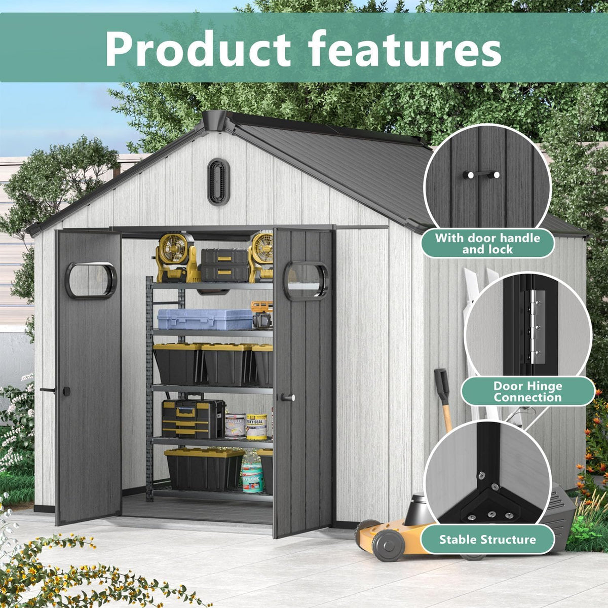 Aoxun 10X8FT Outdoor Shed with Floor, Resin Storage Shed with Lockable Door, Garden Utility Tool Shed Storage House for Backyard, Patio, Lawn
