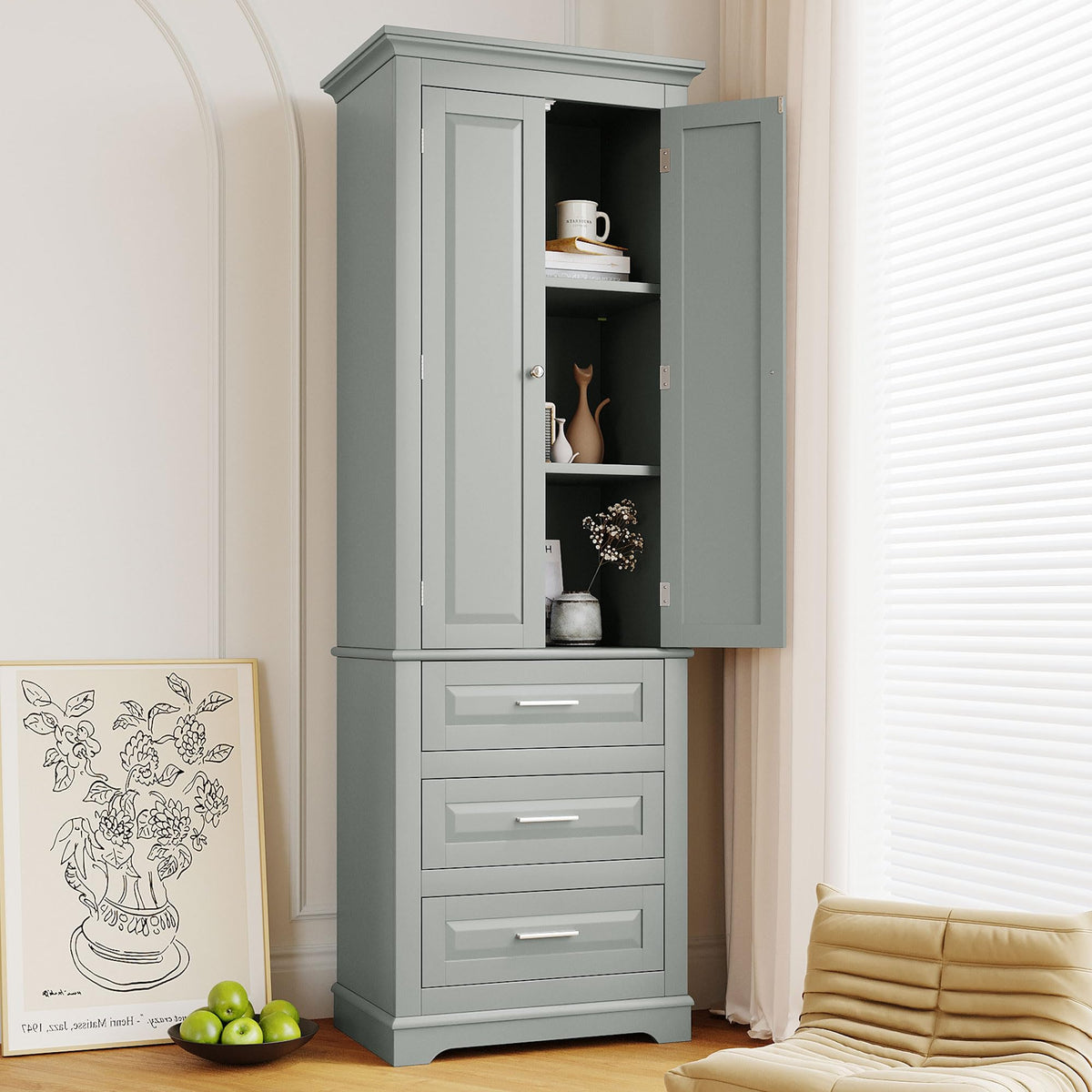 70“ Tall Storage Cabinet Pantry Cupboard with Doors and Drawers for Home Kitchen