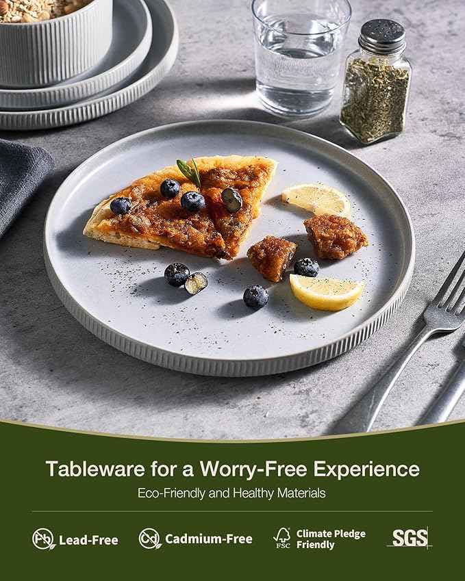 Famiware Star Dinnerware Set, Plates and Bowls Sets for 4 (12pcs), Ribbed Stoneware Dishes - Chip & Scratch Resistant, Microwave & Dishwasher Safe, Matte Gray