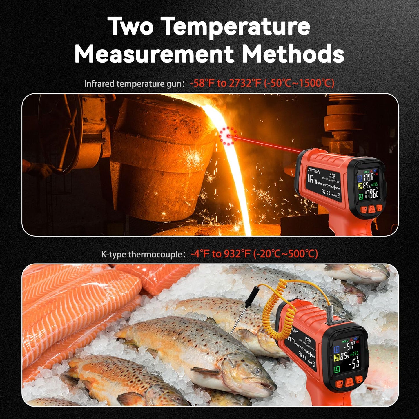 '-58°F to 2732°F Infrared Thermometer IR Laser Gun 50:1, Digital Temperature Gun/K-Type Probe -4°F~932°F, Humidity Sensor, High-Temp Pyrometer for Kiln, Forge, Furnace, Industrial Use