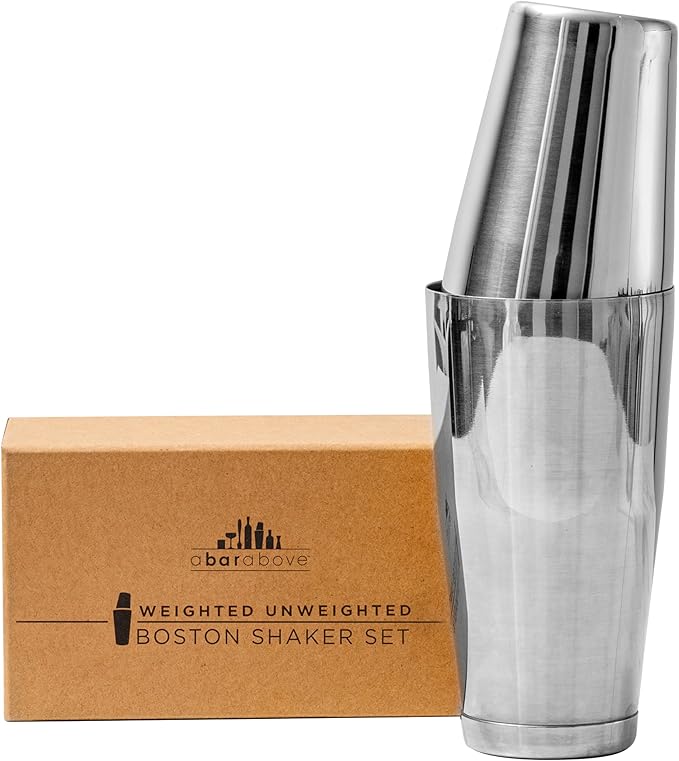 A Bar Above Professional Boston Shakers Set 18 oz Weighted and Unweighted Stainless Steel Cocktail Shaker Set for Bartenders, Premium 304 Steel Bar Shaker, Essential Bartending Tools for Mixing Drinks