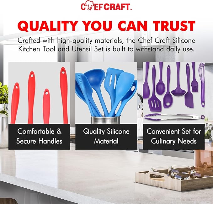 Chef Craft - Premium Silicone Kitchen Tools and Utensils Set, Non-Scratch, Withstands Temperatures up to 450°F, BPA-Free, 9 Piece Cooking Utensils Set, Pink
