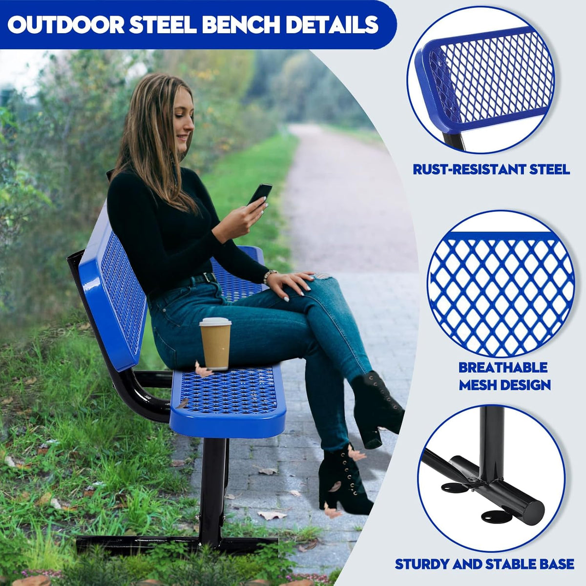 Outdoor Garden Bench, Cast Iron Metal Frame Patio Park Bench with Backrest, Portable Expanded Metal Black Bench, Commercial-Grade Outdoor Seating for Lawn, Patio, Park, Yard, Garden (Blue, 6FT/72')