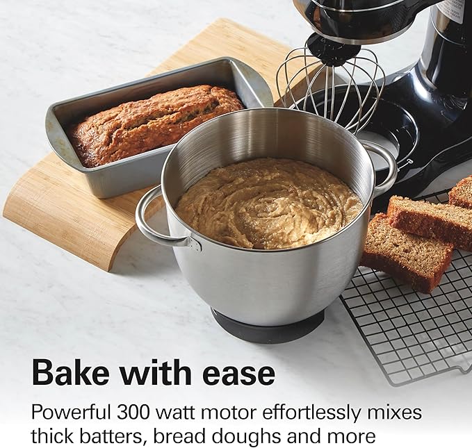 Hamilton Beach Electric Stand Mixer, 4 Quarts, Dough Hook, Flat Beater Attachments, Splash Guard 7 Speeds with Whisk, Easy-Carry Top Handle, Black