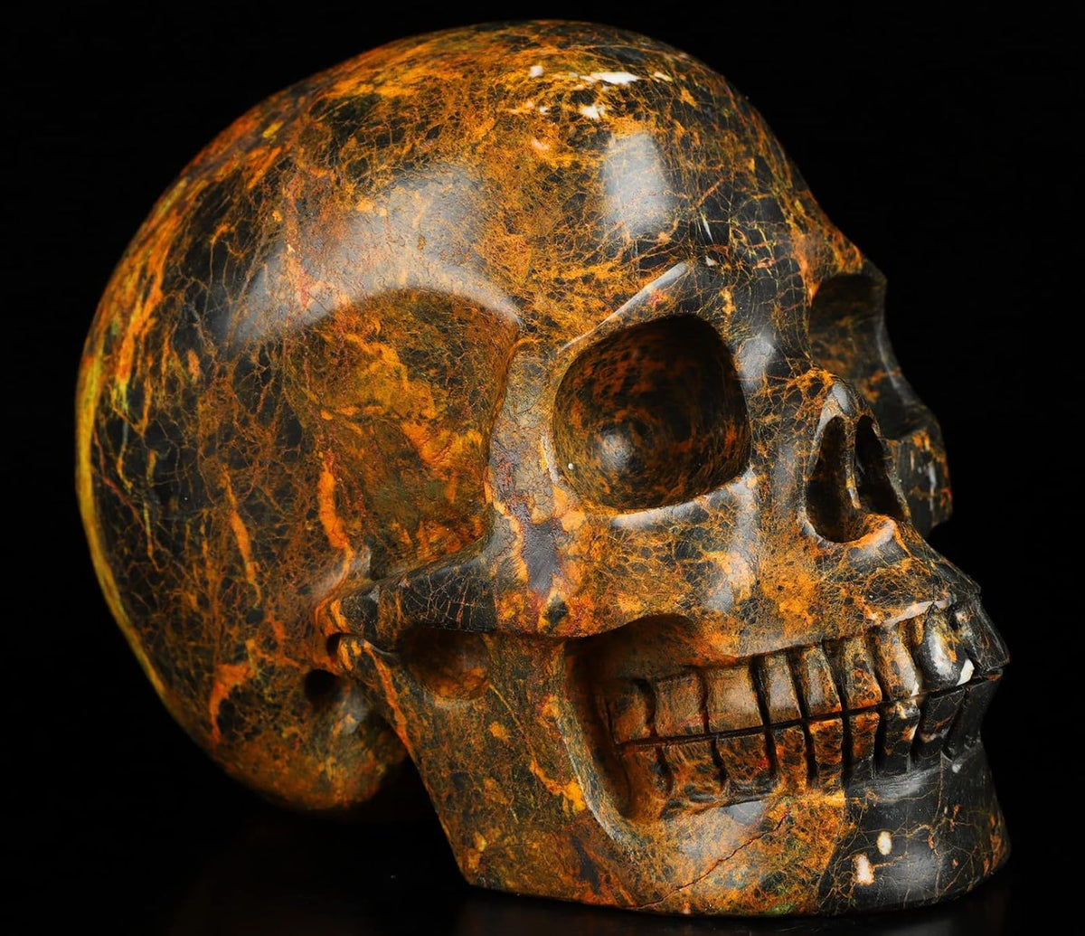 Skullis 5.0" Orpiment Crystal Skull, Hand Carved Gemstone Fine Art Sculpture, Reiki Healing Stone Statue.2236 Z8