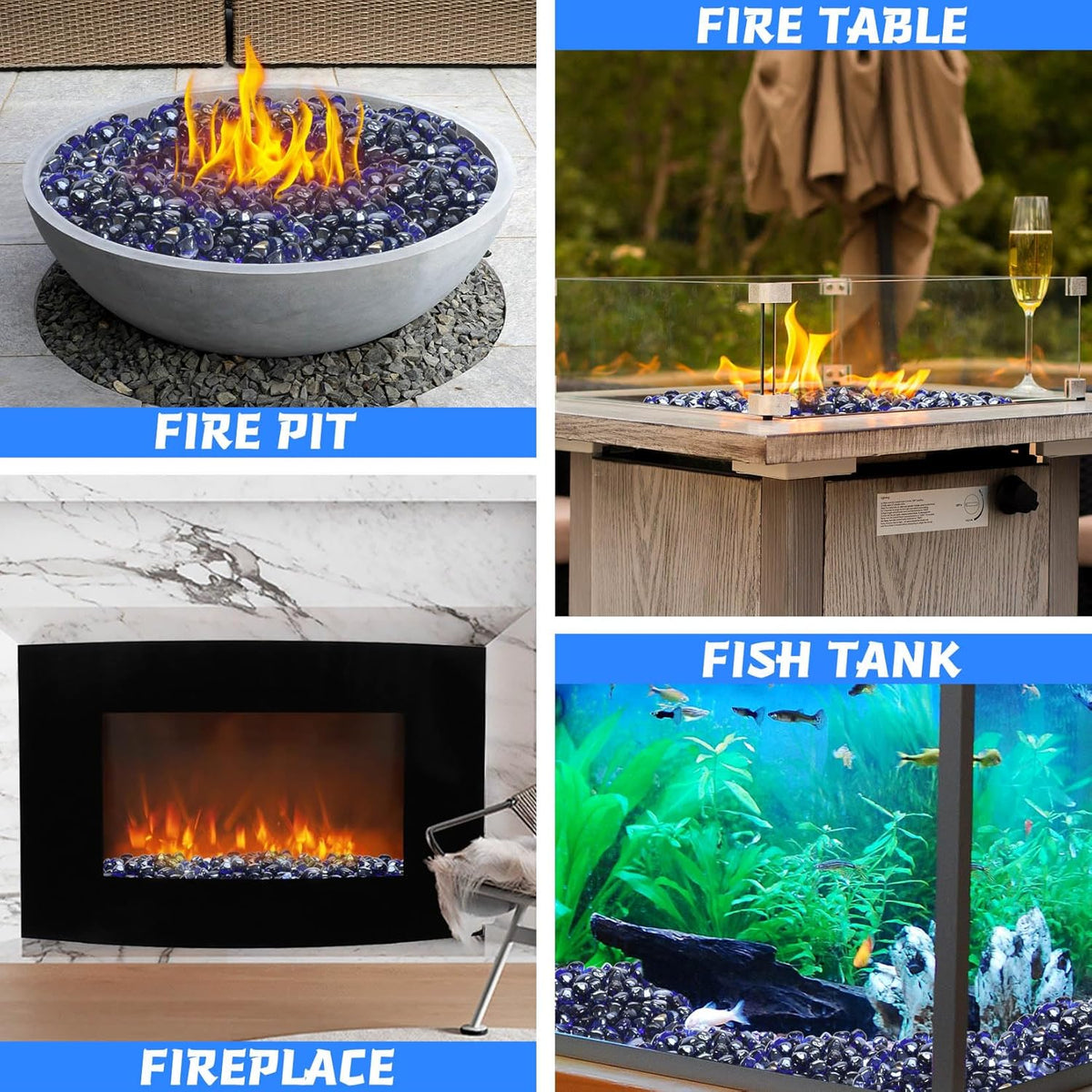 Fire Glass for Propane Fire Pit, Fireplace and Outdoor Decoration, Cobalt Blue Firepit Rocks 20 Pounds, High Luster 1 Inch Diamond Glass Beads