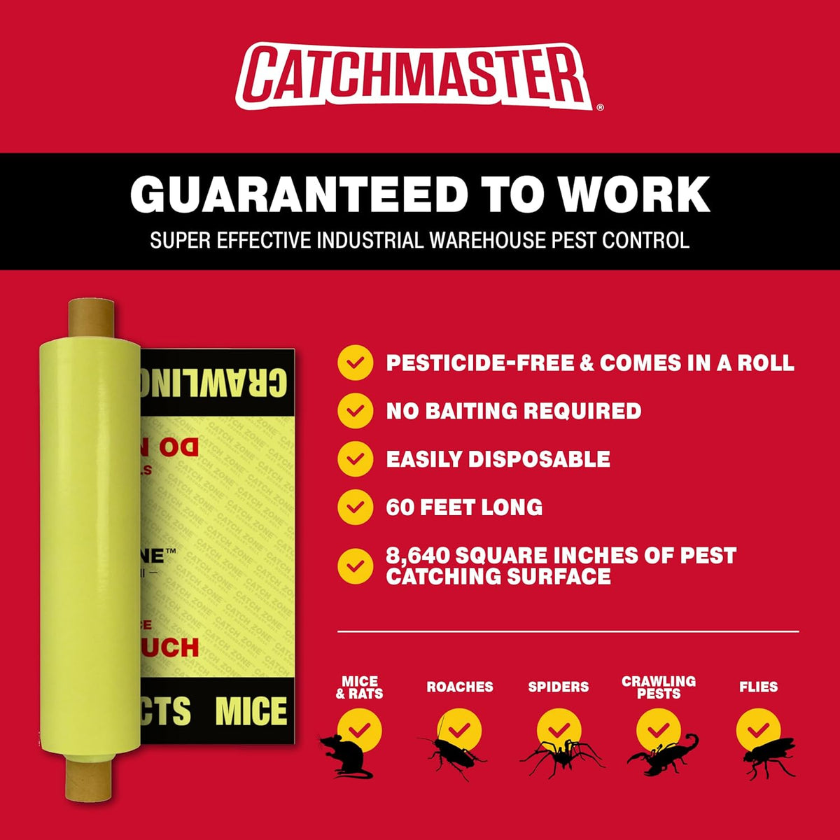 Catchmaster Catch Zone Pest Boundary Roll 1-PK 60FT, Adhesive Mouse Traps Indoor, Spider, Lizard, & Ant Sticky Traps for Crawling Insects, Pest Control Glue Traps for Warehouse, Basement, & Kitchen