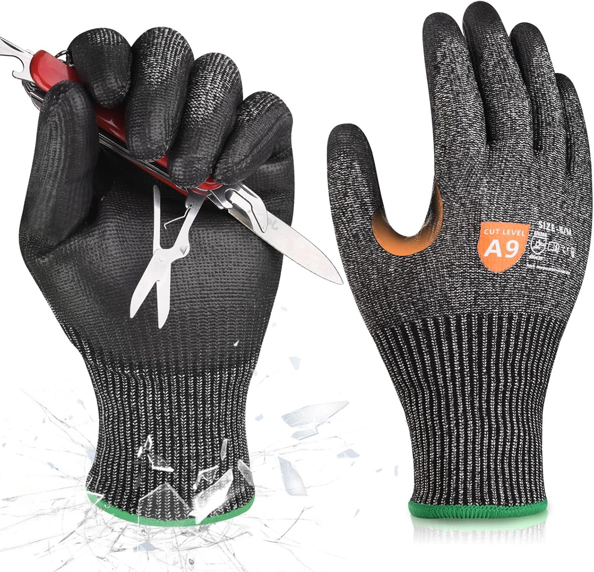 Donfri A9 Cut Resistant Work Gloves for Men - Steel + HPPE Hybrid Safety Gloves for Men, ANSI Cut Level 9 Protection Flexible for Metal Glass Wood Construction Fishing