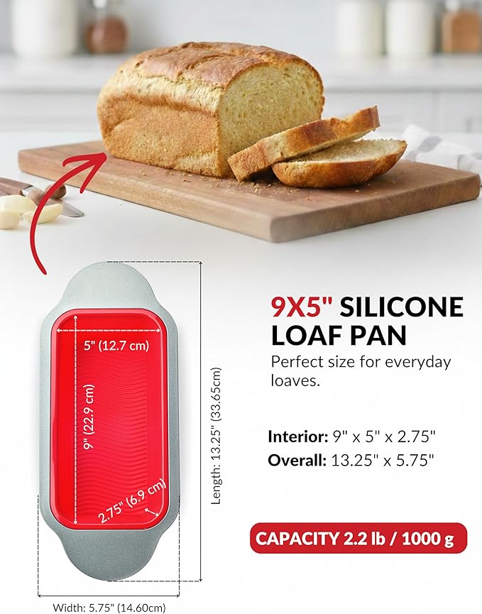 Boxiki Kitchen Premium Non-Stick Silicone Bread Loaf Pan, 9x5 Inches – Heavy-Duty Steel Frame, Non-Toxic, BPA & PFOA Free – Perfect for Pound Cakes, Breads, & More.