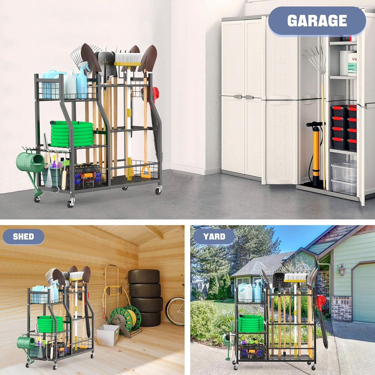 WALMANN Garden Tool Organizer with Wheels for Garage, Large Storage Capacity, Rakes/Shovels/Yard Tools Storage Stand for Shed, Garden, Indoor/Outdoor Long-Handled Tools Rolling Cart