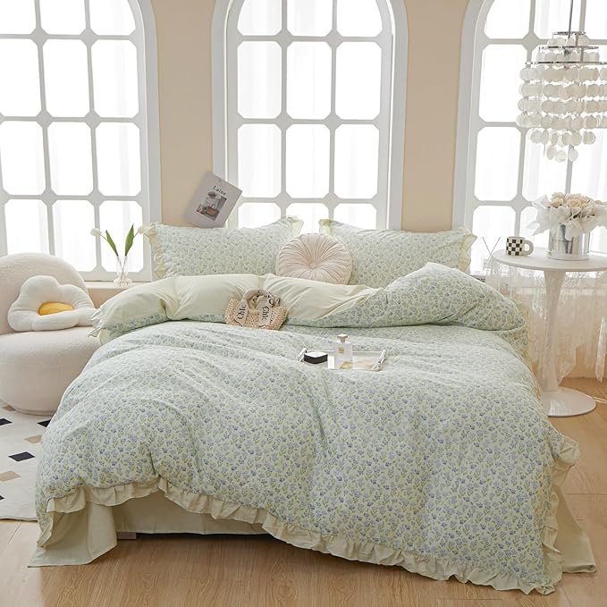 Green Ruffle Comforter Set Full Size Girls Blue Flowers Comforter Fluffy Soft Vintage Floral Bedding Set Cottagecore Botanical Floral Comforter Set with 2 Ruffle Lace Pillowcases for All Seasons