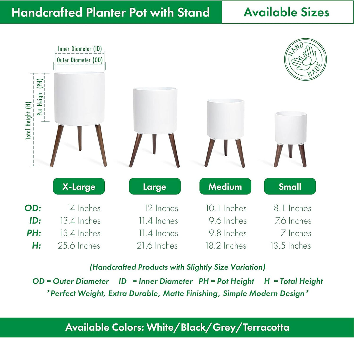 D'vine Dev 8 Inch Planter Pot with Stand, Mid-Century Tall Plant Pot with Legs for Indoor Plants, Small, White, 88-O-A-1