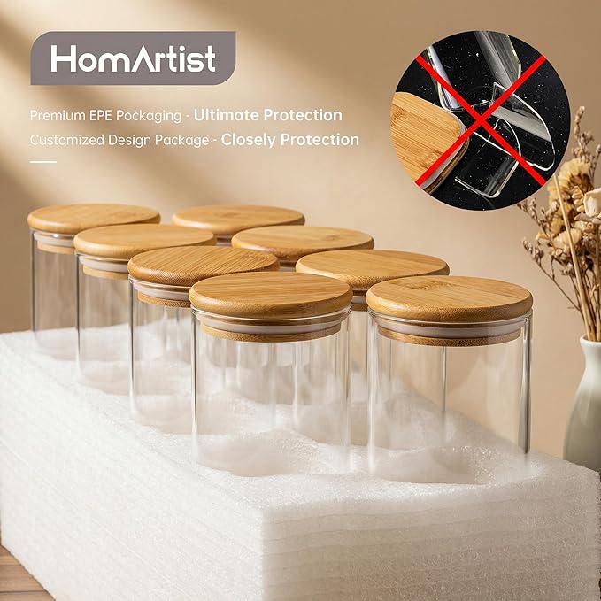 HomArtist Large Glass Flour and Sugar Containers 180oz x2 & 93oz x2 [Set of 4], Glass Food Storage Containers with Bamboo Lids, Glass Jar with Airtight Lid for Spaghetti Pasta,Rice,Cereal,Coffee, Oat