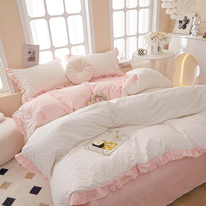 Pink Flower Comforter Set Twin XL 3 Pieces Ruffle Comforter Botanical Floral Pattern Romantic Princess Bedding Comforter Set with 2 Pillowcases Soft Fluffy Cottagecore Bedding Set for Teen Girls