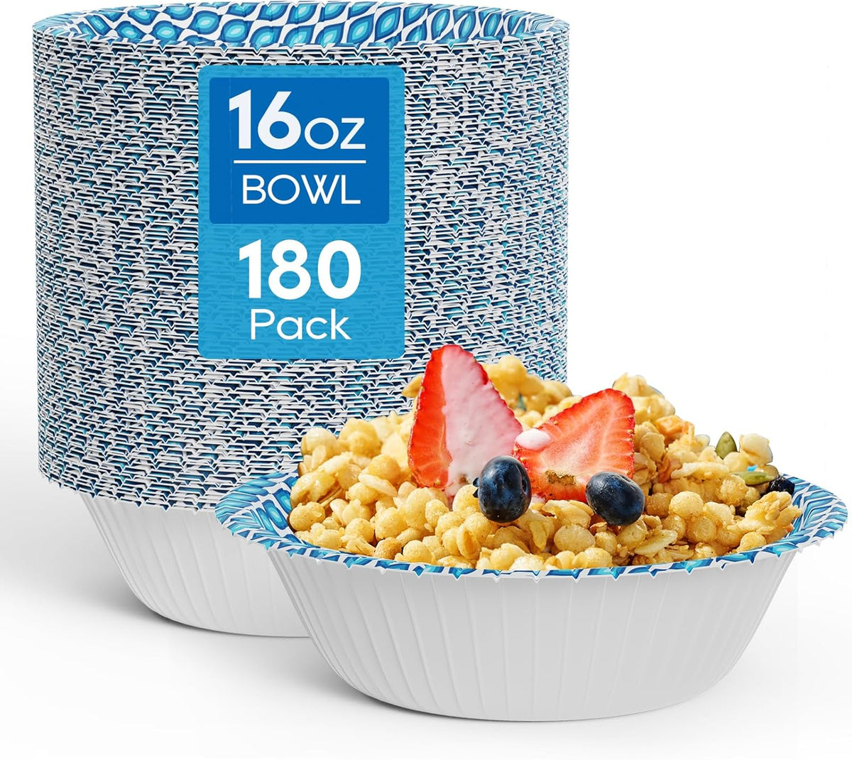 MUCHII 180 Count Paper Bowls 16 oz, Printed Soak Proof Disposable Bowls Bulk for Breakfast, Lunch, and Dinner Meals