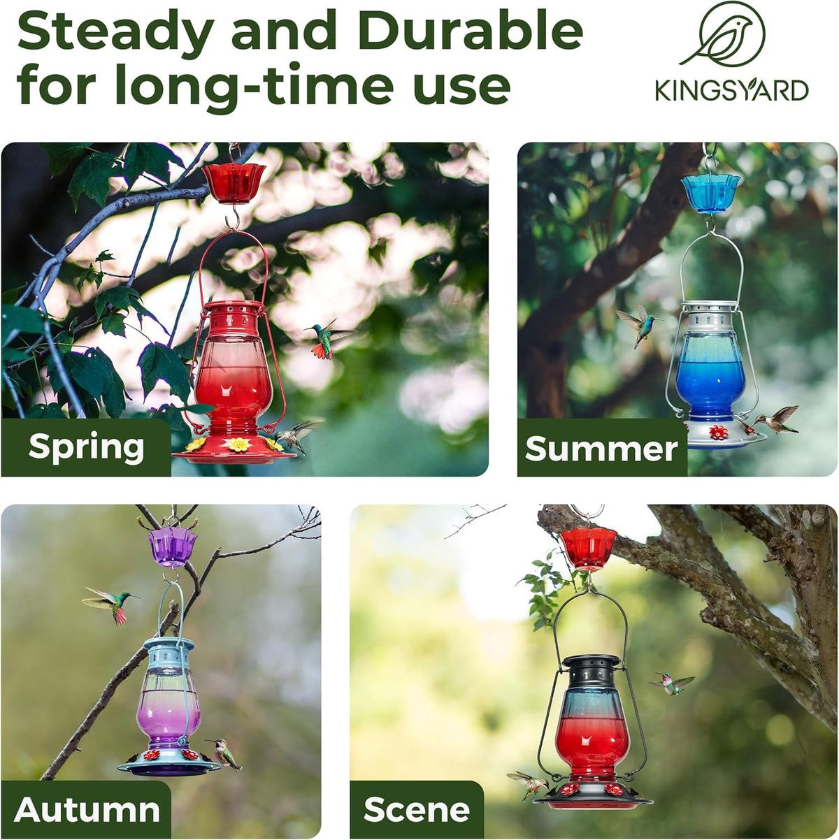 Kingsyard Glass Hummingbird Feeder for Outdoors Hanging - Vintage Lantern Style Leak-Proof Humming Bird Nectar Feeder with 6 Feeding Ports & Ant Moat for Outdoor Garden Decor, 24 Ounce, Purple