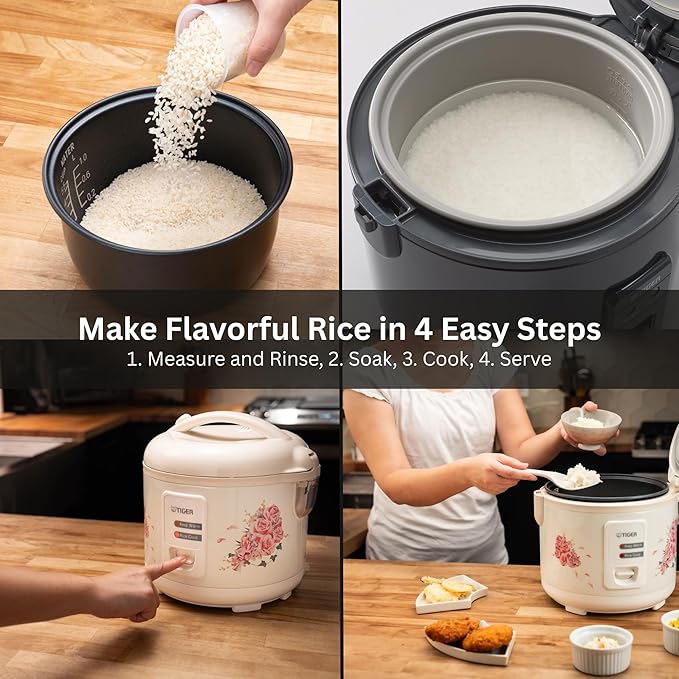 Tiger JAZ-A10U-LF 5.5 Cup Capacity White Rice Cooker with Non-Stick Inner Pot, Retractable Power Cord, and Keep Warm up to 12 hours (Flower)