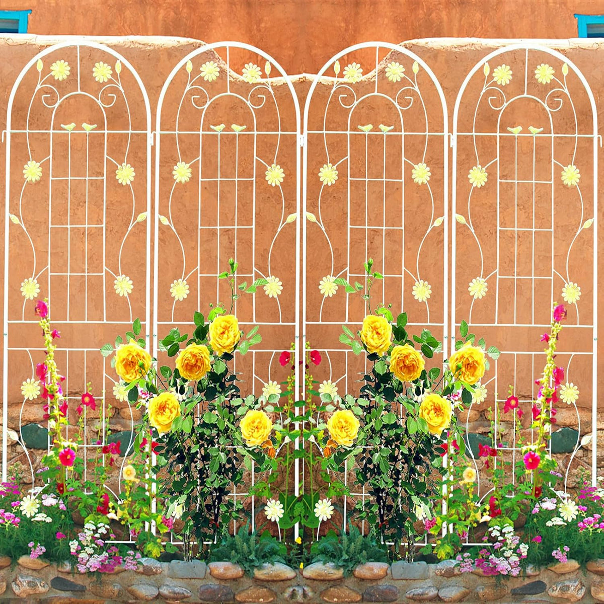 4 Pack Metal Garden Trellis 86.7" H Garden Fence Rustproof Trellis Cream White for Climbing Plants Support Roses Flower Cucumber Outdoor Lawn, White