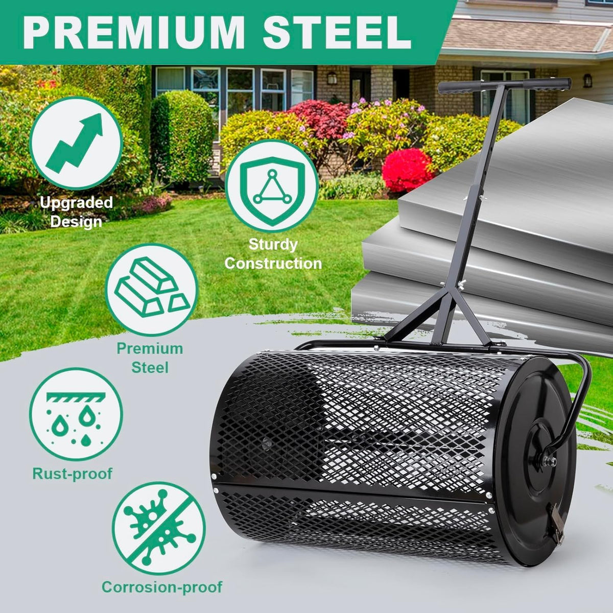Compost Spreader, Durable Lawn Roller, Manure Spreader with Upgrade T Shaped Handle, Top Soil Spreader for Lawn and Garden Care Manure Spreaders Roller (16 Inch-T-Black-S)