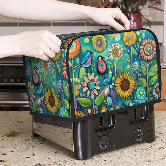 Folk Art Birds Flower Toaster Cover 2 Slice, Cute Country Bread Machine Cover, Washable Toaster Kitchen Small Appliance Cover Stain Resistant,with Top Handle