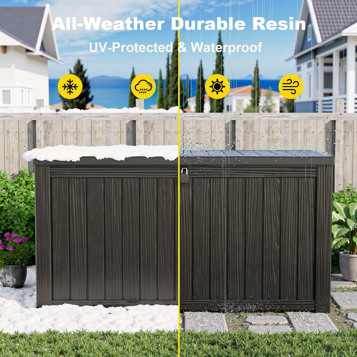 DRATO 150 Gallon Outdoor Storage Box, Large Waterproof Deck Box, Lockable Resin Storage Container with Reinforced Support for Patio Cushions, Garden Tools, UV-Resistant Outdoor Chest（Black）