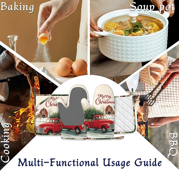 Red Truck Tree Pot Holders and Oven Mitts Set Silicone Winter Merry Christmas Kitchen Gloves Potholders Heat Resistant Washable,Chef Cooking Baking Gifts for Women Men Bakers Lover Cooks