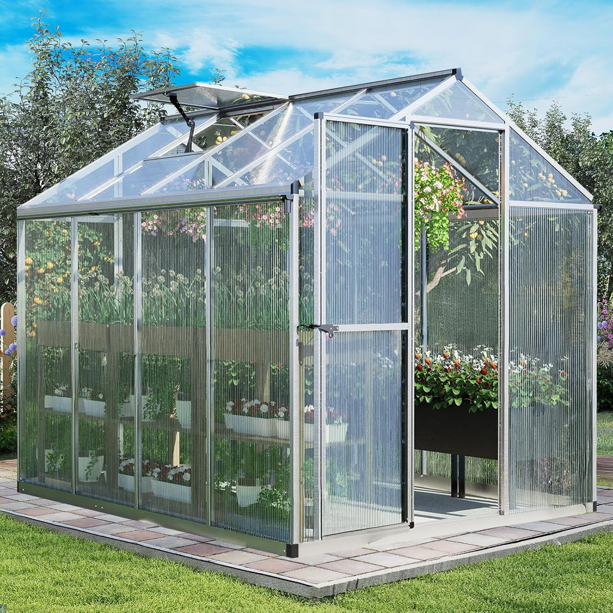 Aoodor 6 x 8 Ft Walk-in Greenhouse with Gutter, Polycarbonate and Heavy-Duty Aluminum Frame, Adjustment Skylight and Lockable 2-Sided Door for Patio, Outdoor, Yard, Lawn Use, Silver