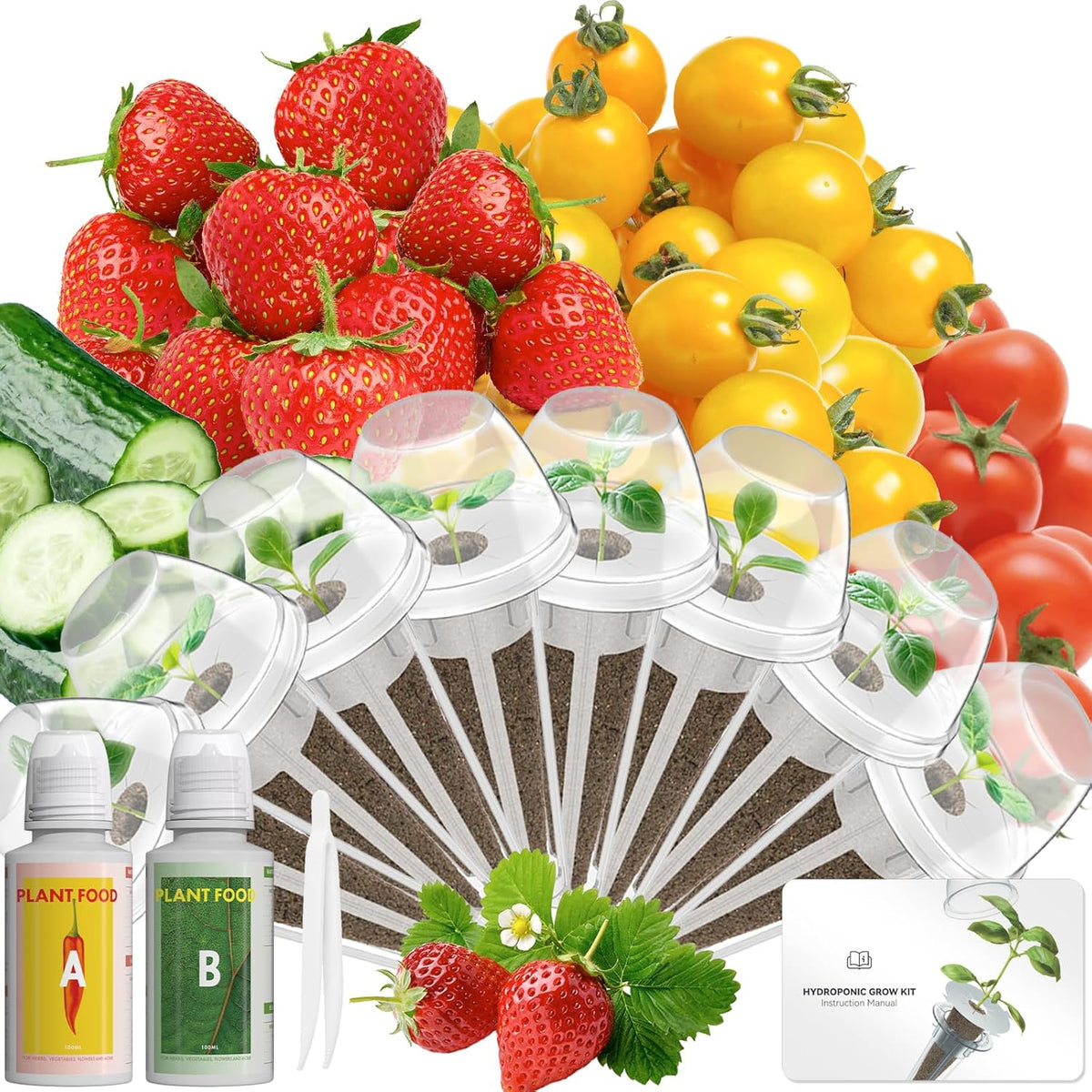 Fruits Seed Pod Kit for AeroGarden, Ahopegarden, iDoo, GARDENCUBE, MUFGA with Strawberry, Cucumber, Red/Golden Cherry Tomato, Compatible with All Indoor Hydroponics Growing System, 8-Pod