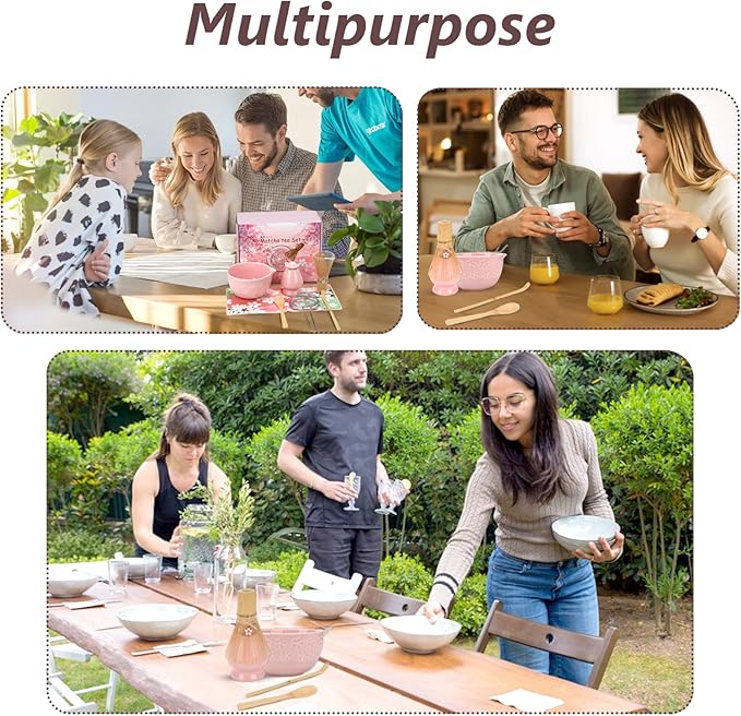 Matcha Whisk Set, Ceramic Matcha Set Includes Matcha Bowl, Bamboo Matcha Whisk and Holder, Bamboo Scoop, Scoop Holder, matcha sifter and Tea Towel - Matcha Kit for Matcha Lovers (Pink)