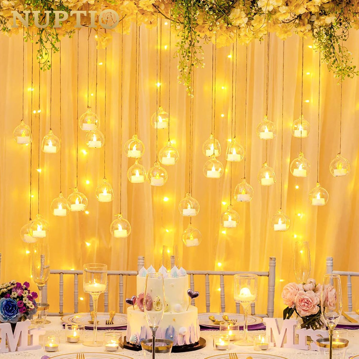 NUPTIO Hanging Glass Globe with Candles: Set of 12 Tealight Candle Holders with LED Tea Lights - 2.36 inch Bulk Clear Votive Candleholders for Party Wedding Birthday Shower Celebration Tree Decoration