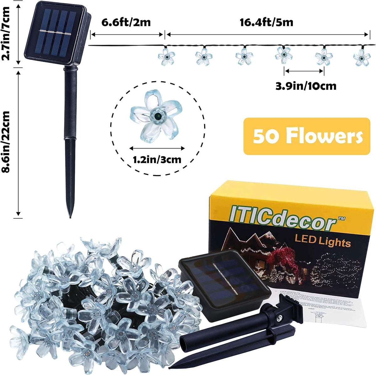 ITICdecor Solar String Flower Lights Outdoor Waterproof 50 LED Fairy Light Decorations for Garden Fence Patio Yard Christmas Tree, Lawn, Party (Multi-Colored)