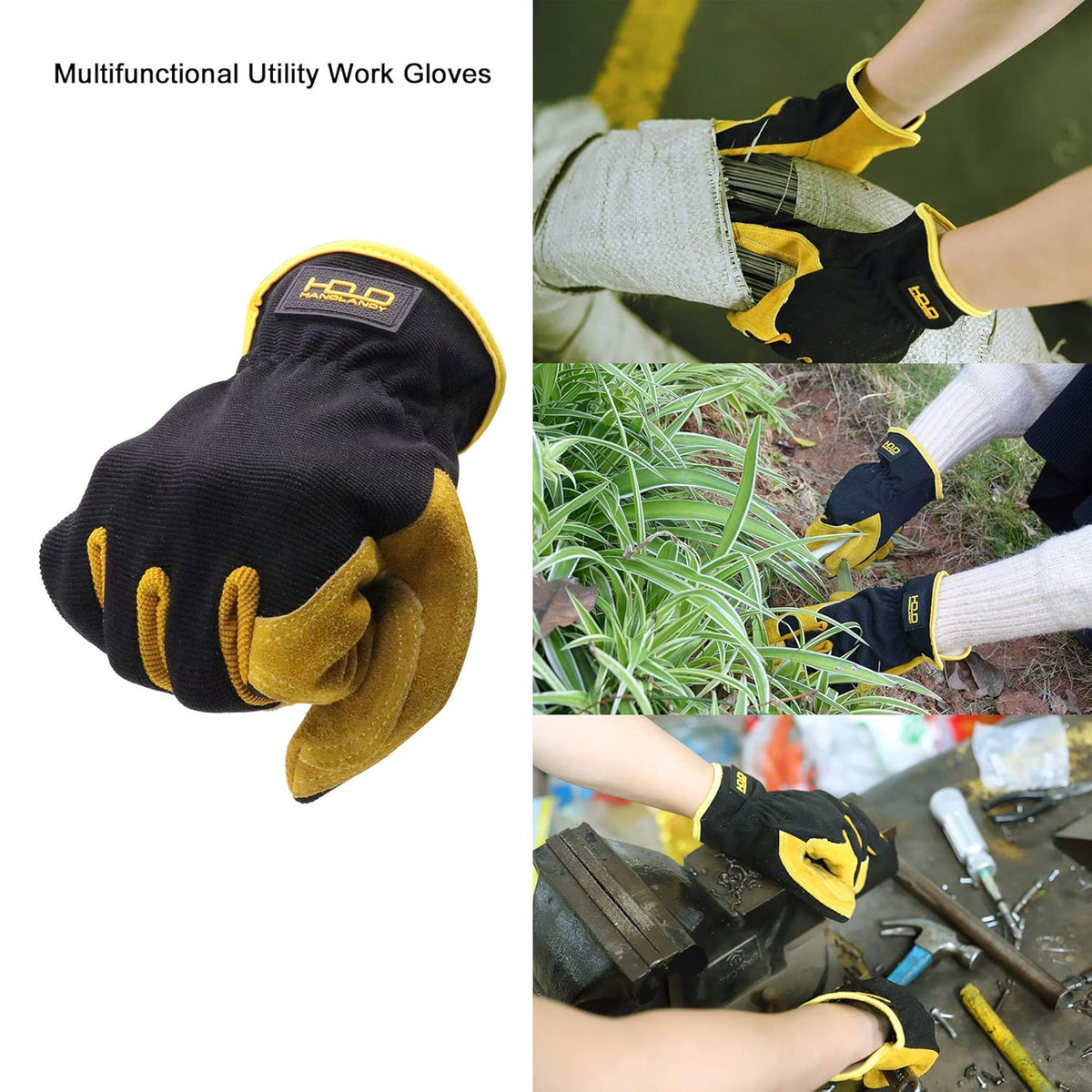 HLDD HANDLANDY 2 Pairs Leather Gardening Gloves for Men, Utility Work Gloves for Gardening, Yardwork, Construction, Mechanics, Great Garden Gifts for Men Women