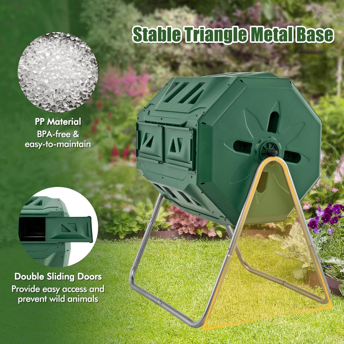 Goplus Compost Tumbler, 43 Gallon Rotating Compost Bin Barrel, Dual Chamber Tumbling Composter with Sliding Door, Gloves, Aeration System for Outdoor, Garden, Yard