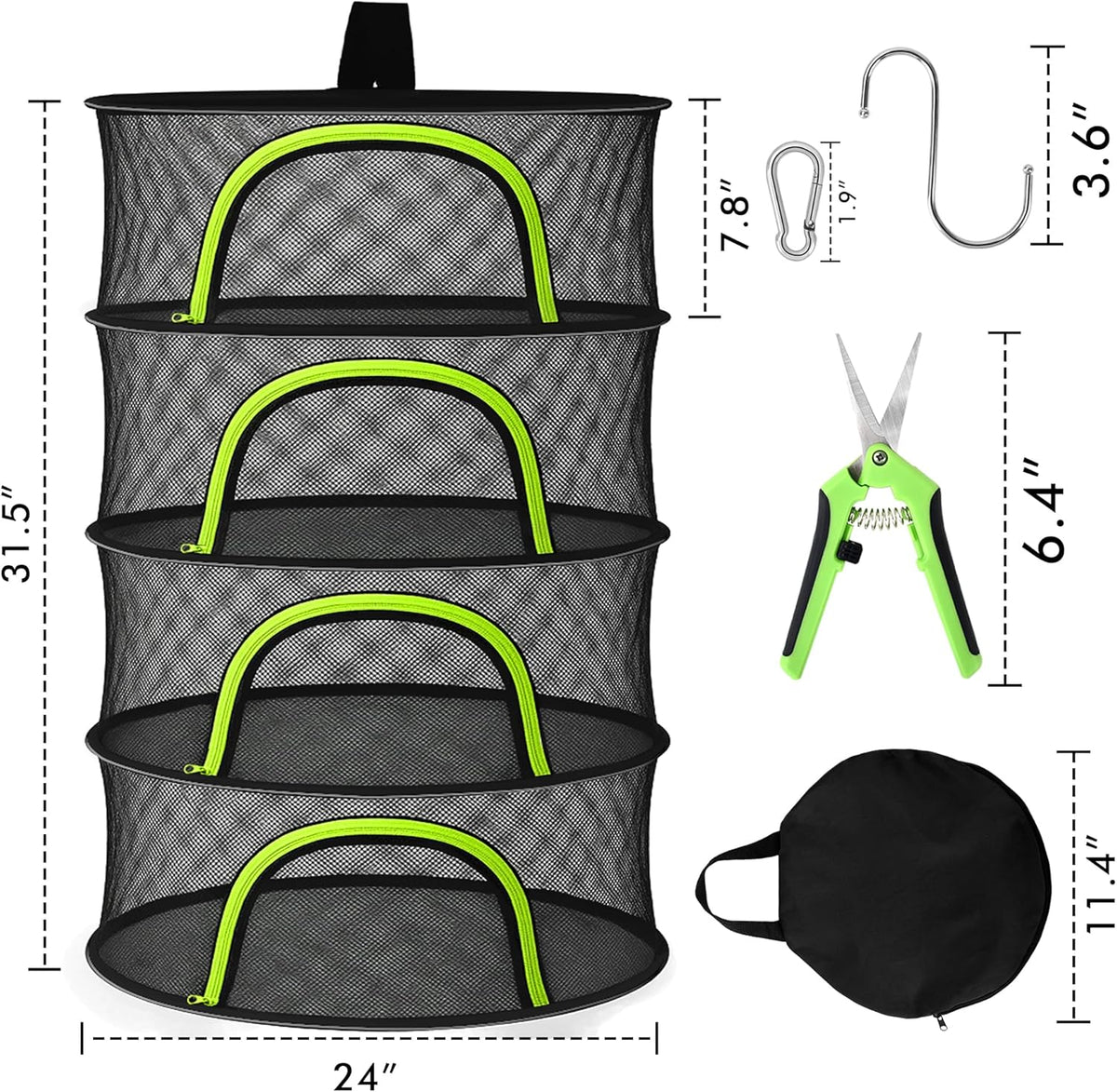 Herb Drying Rack Hanging Mesh 4 Layer 24" with Zipper, Garden Pruning Shear, Hook & Carabiner Clip for Drying Herbs, Plants, Seeds, Buds | Hydroponics & Grow Tents Herb Dryer Hanging Rack