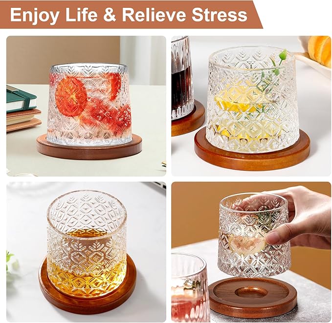 Rotatable Old Fashioned Glass Cup, 10oz/275ml Crystal Whiskey Glass, Wood Coaster, Thickening, Used as Rum Glass, Cocktail Cup, Coffee, Milk to Relax and Reduce Stress, Ideal Gift, Christmas gifts