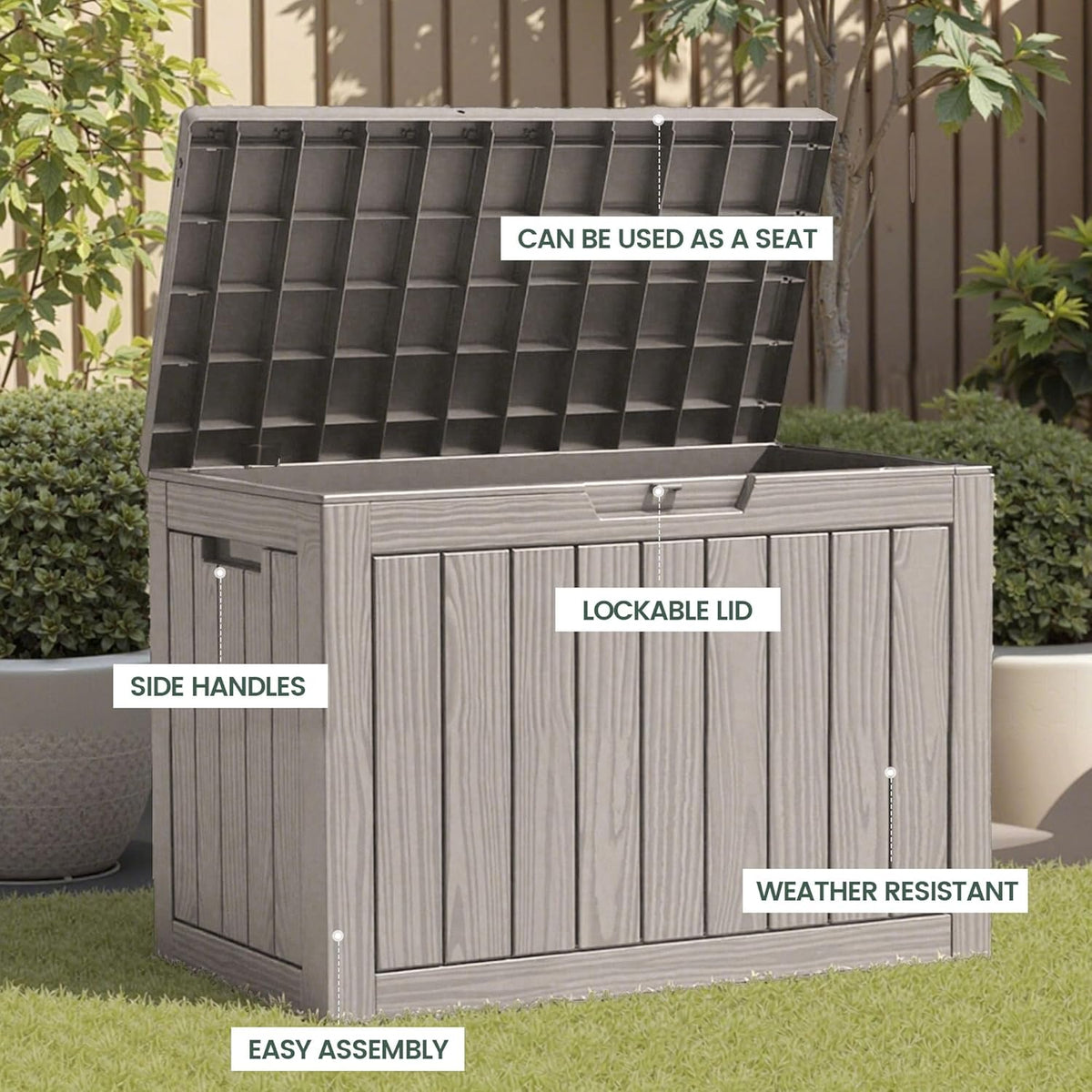 45 Outdoor Storage Box, Waterproof Resin Deck Box with Side Handles, Lockable Outdoor Bench for Indoor & Outdoor Use, Storage Bin for Patio Cushions, Garden Tools, Package Delivery, Grey