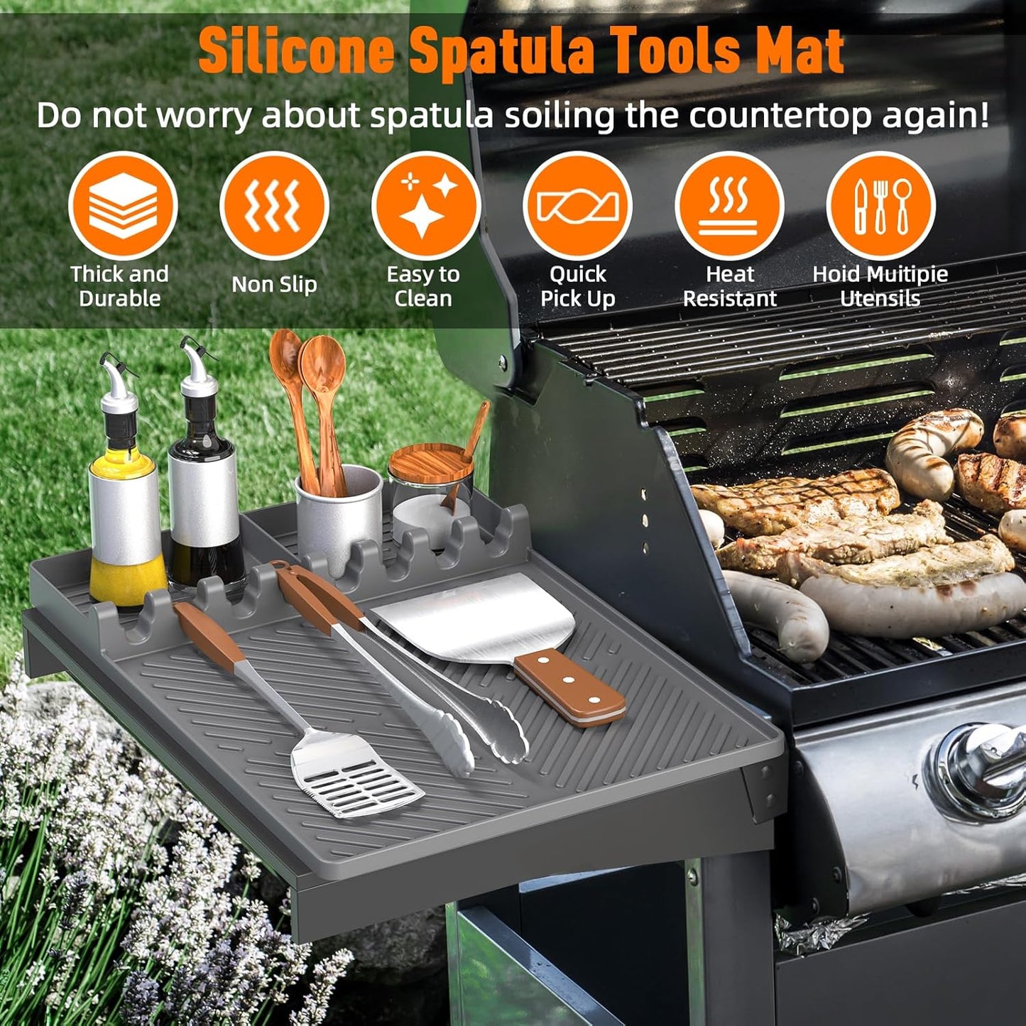 Silicone Grill Mat Compatible with Blackstone, Silicone Griddle Tools Mat with Drip Pad, Spatula Mat for Outdoor Grill Kitchen Counter (Grey)