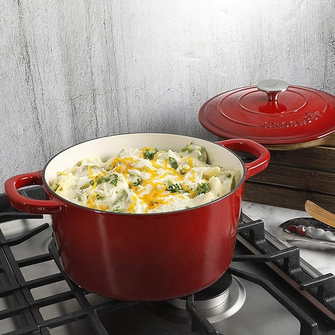 Crock Pot Artisan 5-Quart Round Enameled Cast Iron Dutch Oven – Red, Durable Heavy-Duty Cookware for Slow Cooking, Roasting, Baking with Lid
